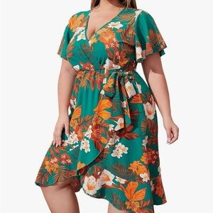 Women's Plus Size Floral Print Short Sleeve V Neck Ruffle faux Wrap Dress  3XL